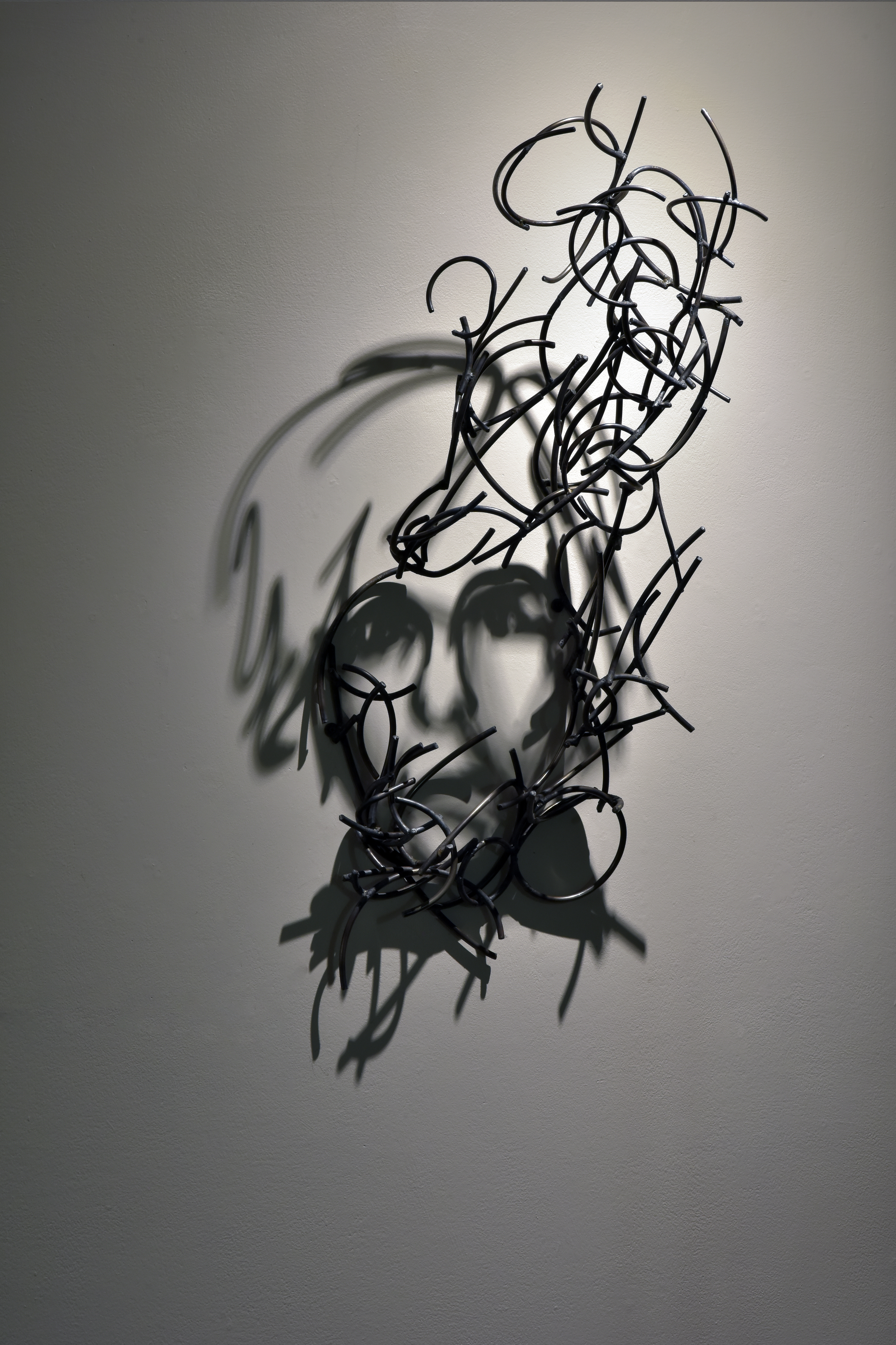 Larry Kagan's metal sculpture hanging on the wall, casting a shadow that looks like a portrait of andy warhol.