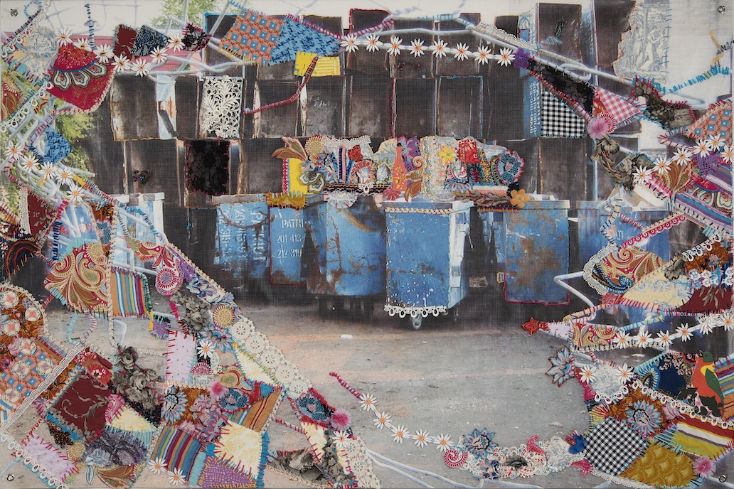 Woolpunk's Blue Carts and Barbed Wired, mixed media on photographic print on banner.