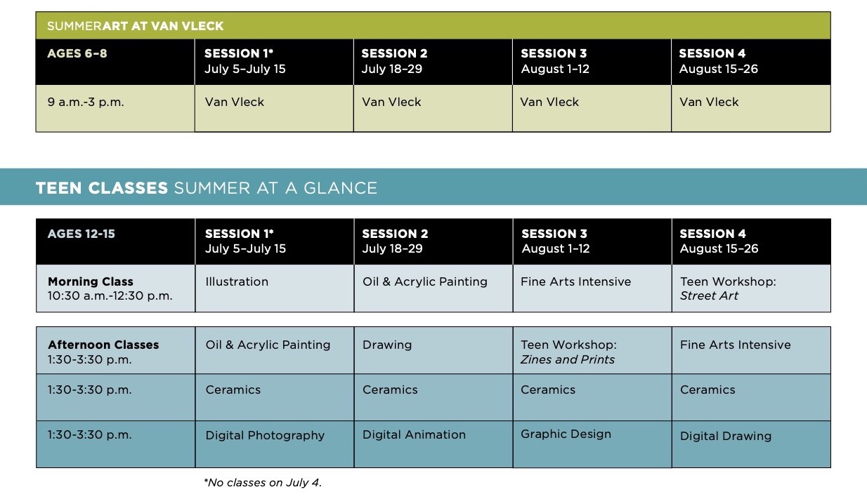Art Camp schedule at a glance chart. Please call 973-746-5555 for assistance. 
