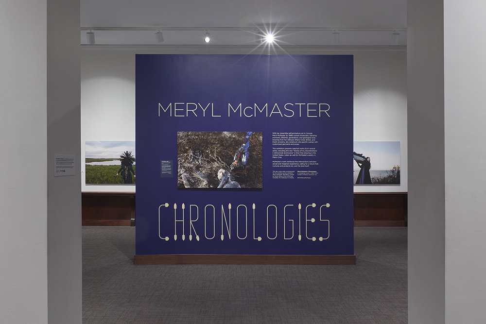 Installation view of the Montclair Art Museum’s exhibition, “Meryl McMaster: Chronologies” with “Do You Remember Your Dreams”, 2022 in the center. Photo: Jason Wyche/Montclair Art Museum.