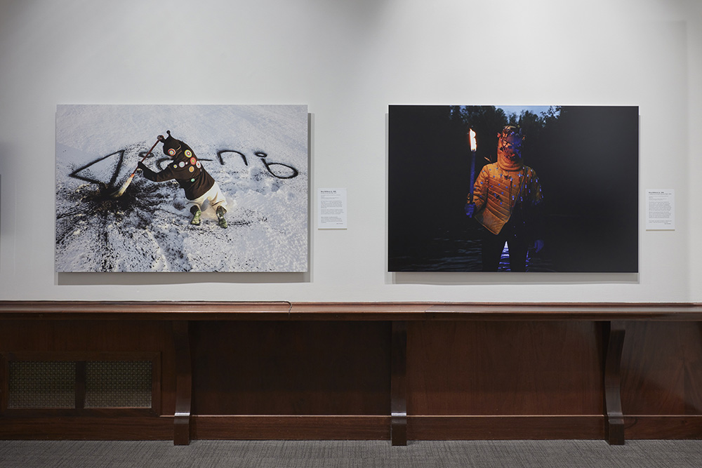 Installation view of the Montclair Art Museum’s exhibition, “Meryl McMaster: Chronologies” with “Echoes Across the Field”, 2022 on the left and “I Listened as the World Became Silent”, 2022 on the right. Photo: Jason Wyche/Montclair Art Museum.