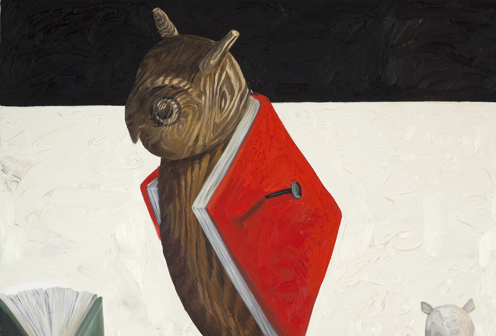 Detail of "Wooden Owl" (1991) by Cheryl Laemmle (b. 1947), oil on canvas, 40 x 35 x 1 3/4 in. (101.6 x 88.9 x 4.4 cm), The Vogel Collection, 2008.12.36.