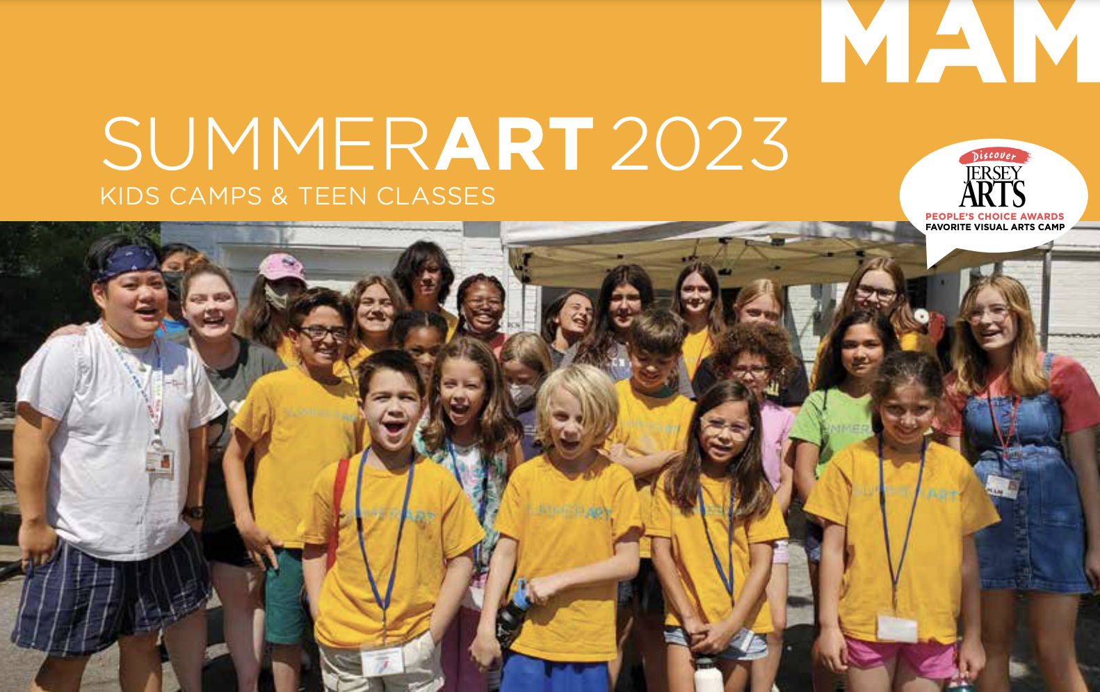 SummerART 2023 brochure cover with group of campers (ages 6–15) standing huddled together, front facing and smiling at the camera