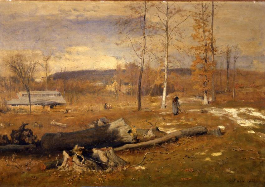 oil painting titles winter morning in Montclair by George Inness. brown and orange tones of bare trees