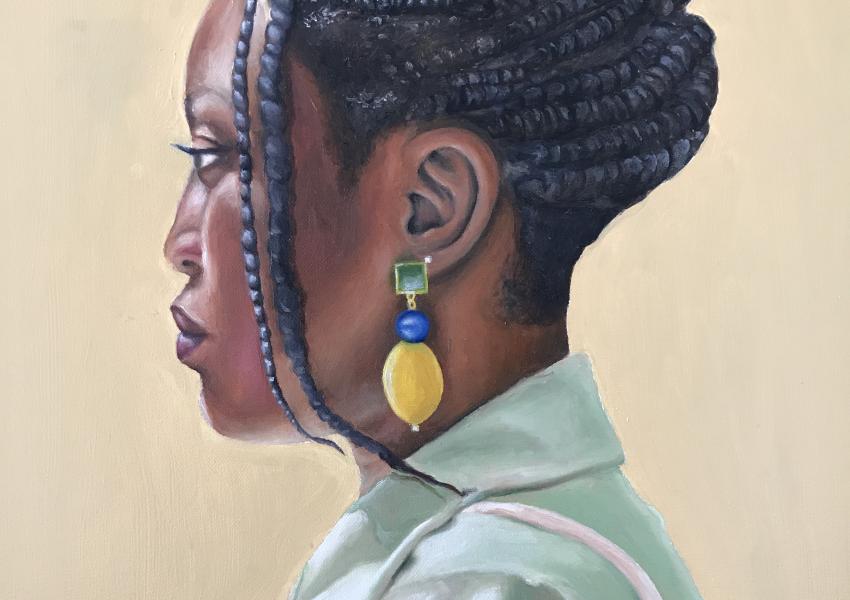 A painting by Kirk Maynard of a woman's profile.