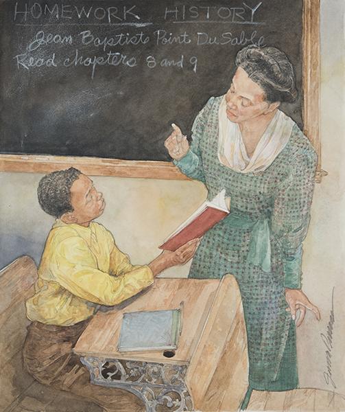 Illustration of a teacher talking to a young student from Jerry Pinkney's 'God Bless This Child.'
