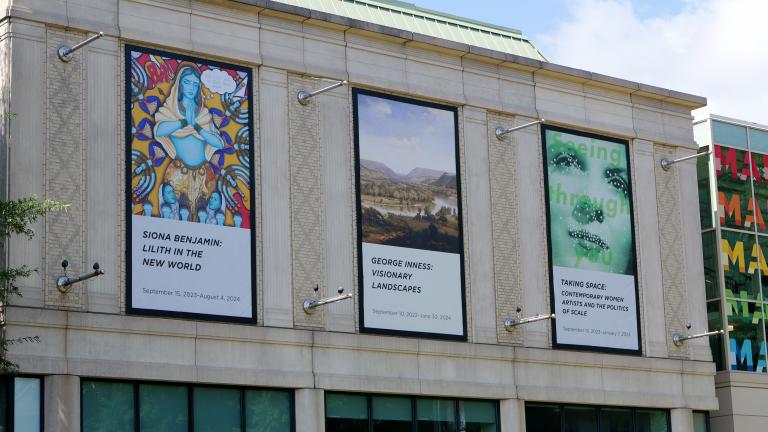 Bloomfield Banners for (from left to right) "Siona Benjamin: Lilith in the New World," "George Inness: Visionary Landscapes," and "Taking Space: Contemporary Women Artists and the Politics of Space." circa August 2023