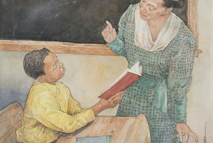 Illustration of a teacher talking to a young student from Jerry Pinkney's 'God Bless This Child.'