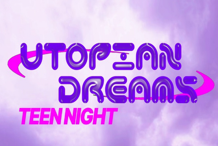 Logotype for Utopian Dreams Teen Night against a background of clouds.