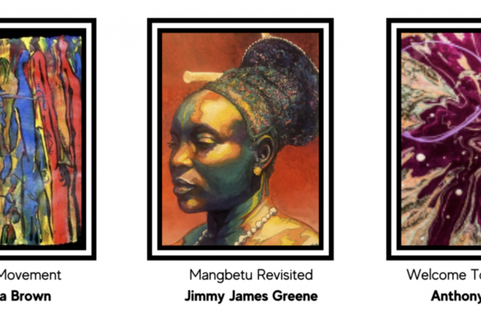 Three examples of artwork to be on sale at For the Love of Art, including work by Aleathia Brown, Jimmy James Greene, and Anthony Boone. 