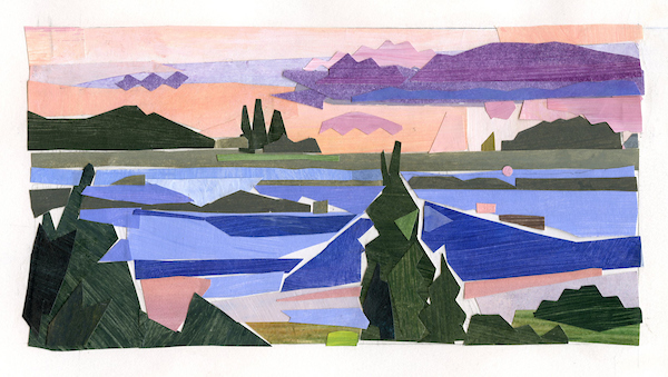 A collage-like work showing a hilly landscape and jagged trees.
