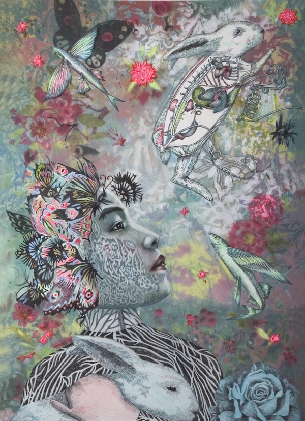 a semi-surrealist paintingby lori field showing a woman and animals, including a rabbit