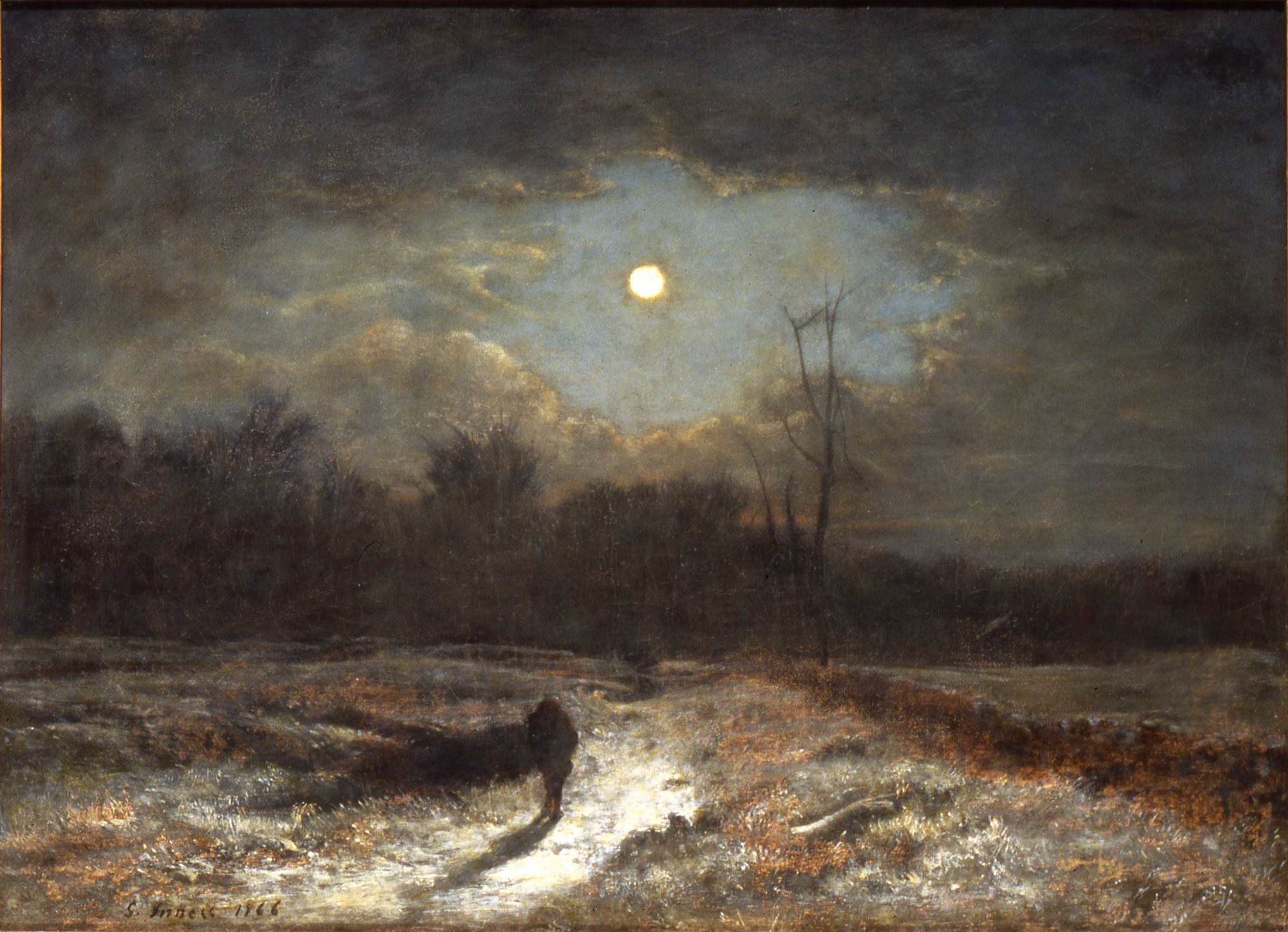 an oil painting of a bright moon showing through a break in the clouds at night.