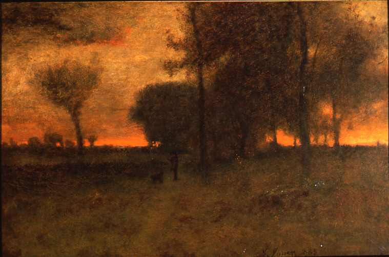 a hazy-looking oil painting of a fiery orange sunset behind trees in a field
