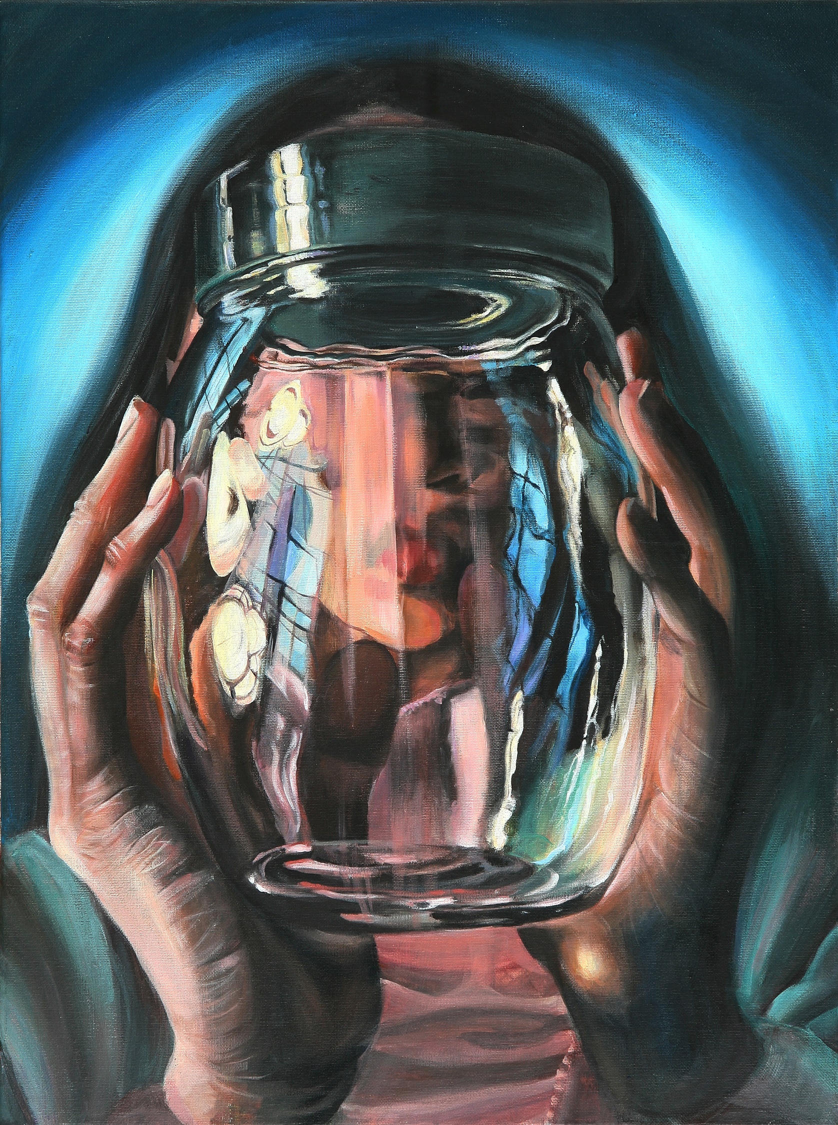 A painting of someone holding a jar in front of their face. One of the Scholastic national award winners.