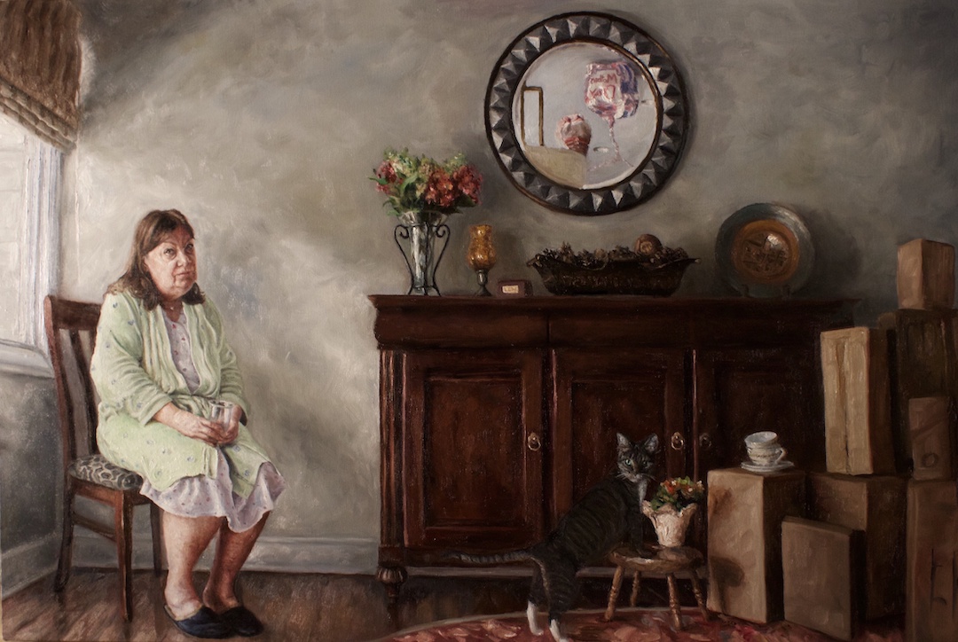 A painting of a woman in a living room. A cat is exploring something on the floor, but looking a you. One of the Scholastic national award winners.