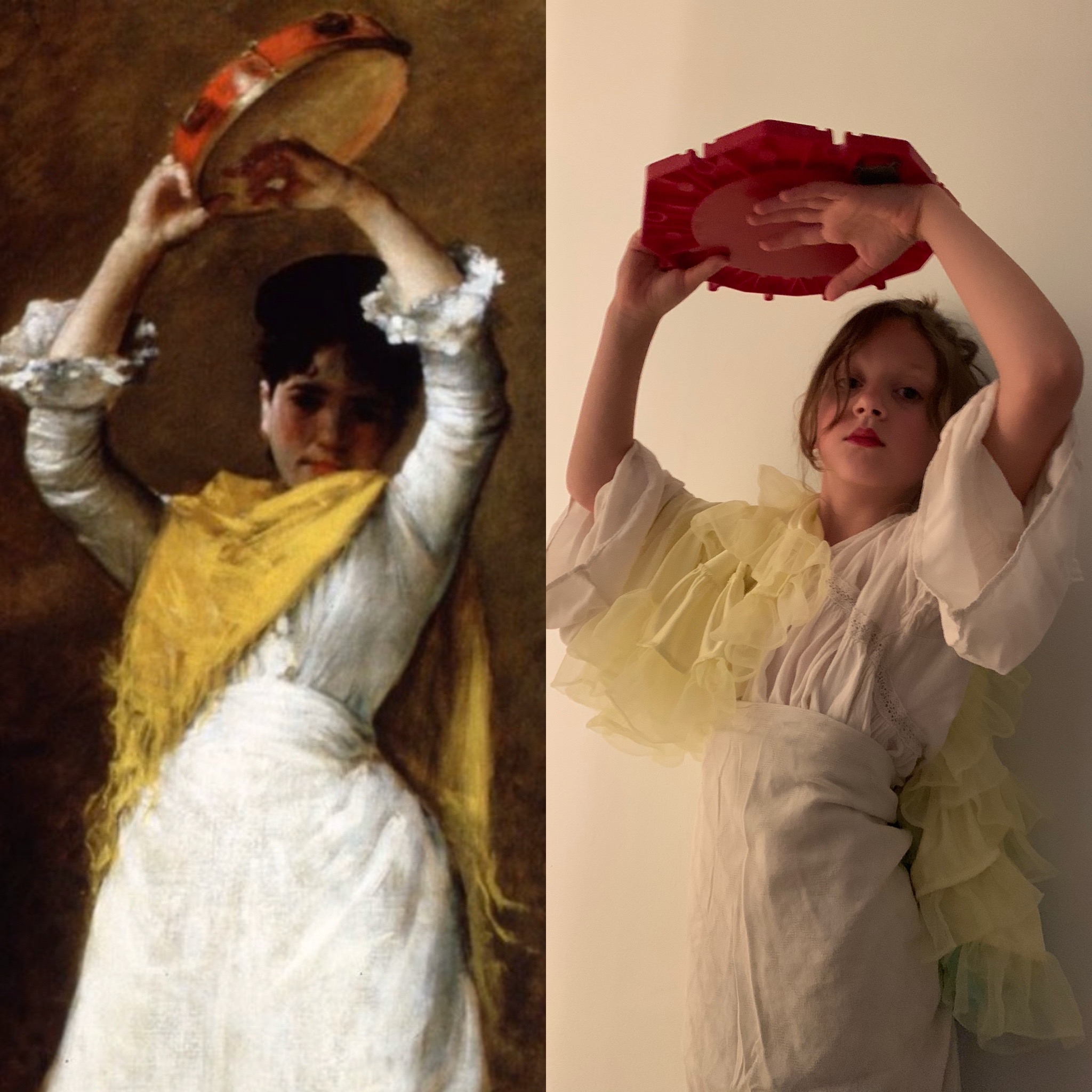 william merrit chase's artwork the tambourine girl on the left is compared to a recreation on the right. this is part of the Between art and quarantine challenge. 