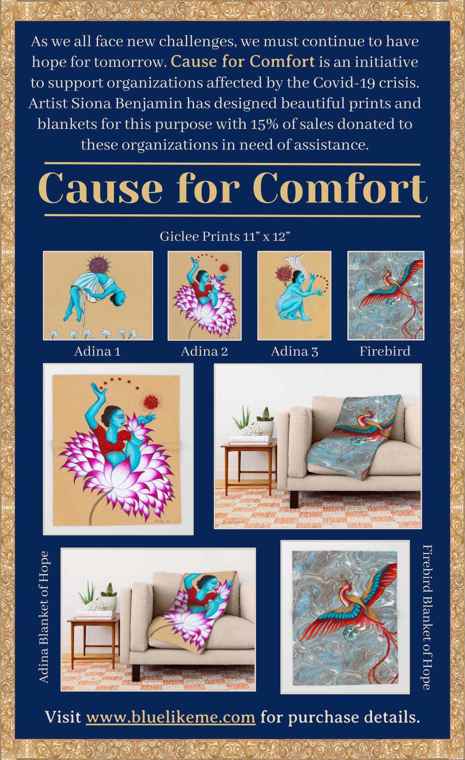 A flyer describing the Cause for Comfort initiative created by Siona Benjamin.