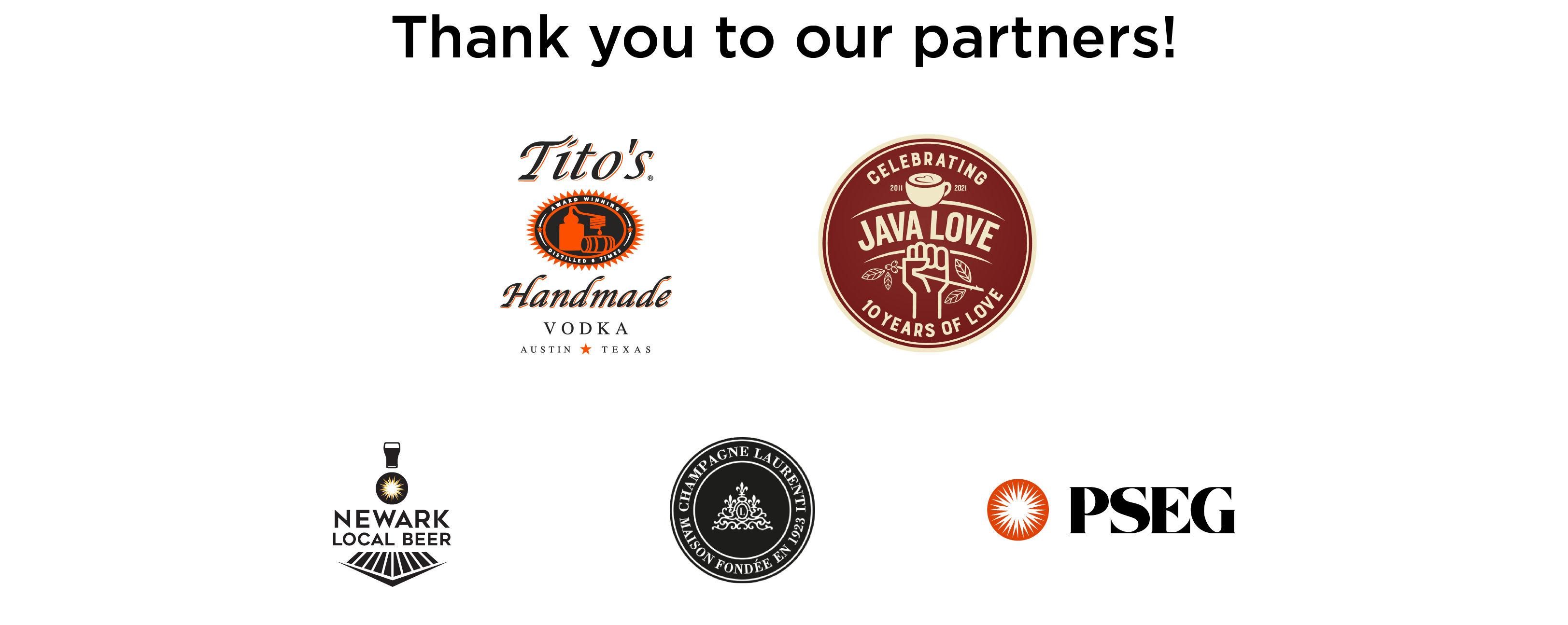 Logos of sponsors: Titos Vodka, Java Love Coffee Roasters, Newark Local Beer, Champagne Laurenti, and PSE&G