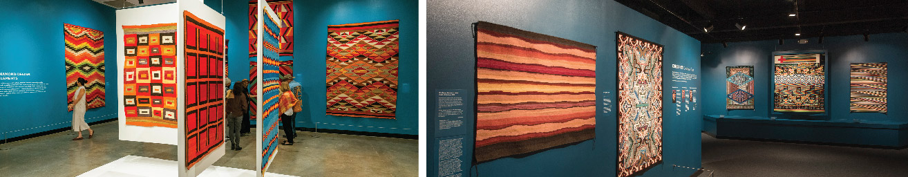 Two gallery views of large, woven Navajo textiles from the exhibition Color Riot! How Color Changed Navajo Textiles.