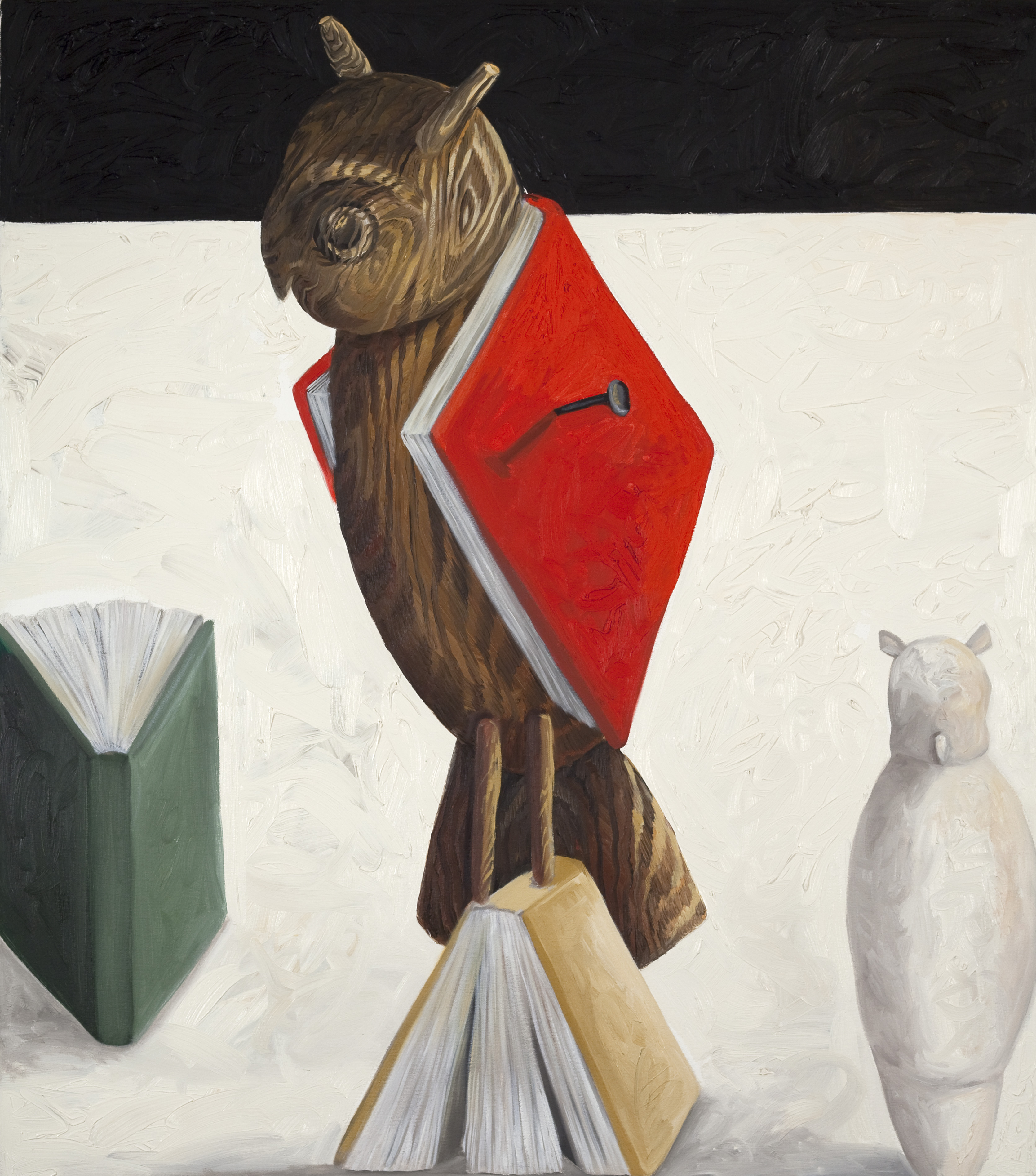 Cheryl Laemmle (b. 1947), "Wooden Owl," 1991, oil on canvas, 40 x 35 x 1 3/4 in., The Vogel Collection, 2008.12.36.