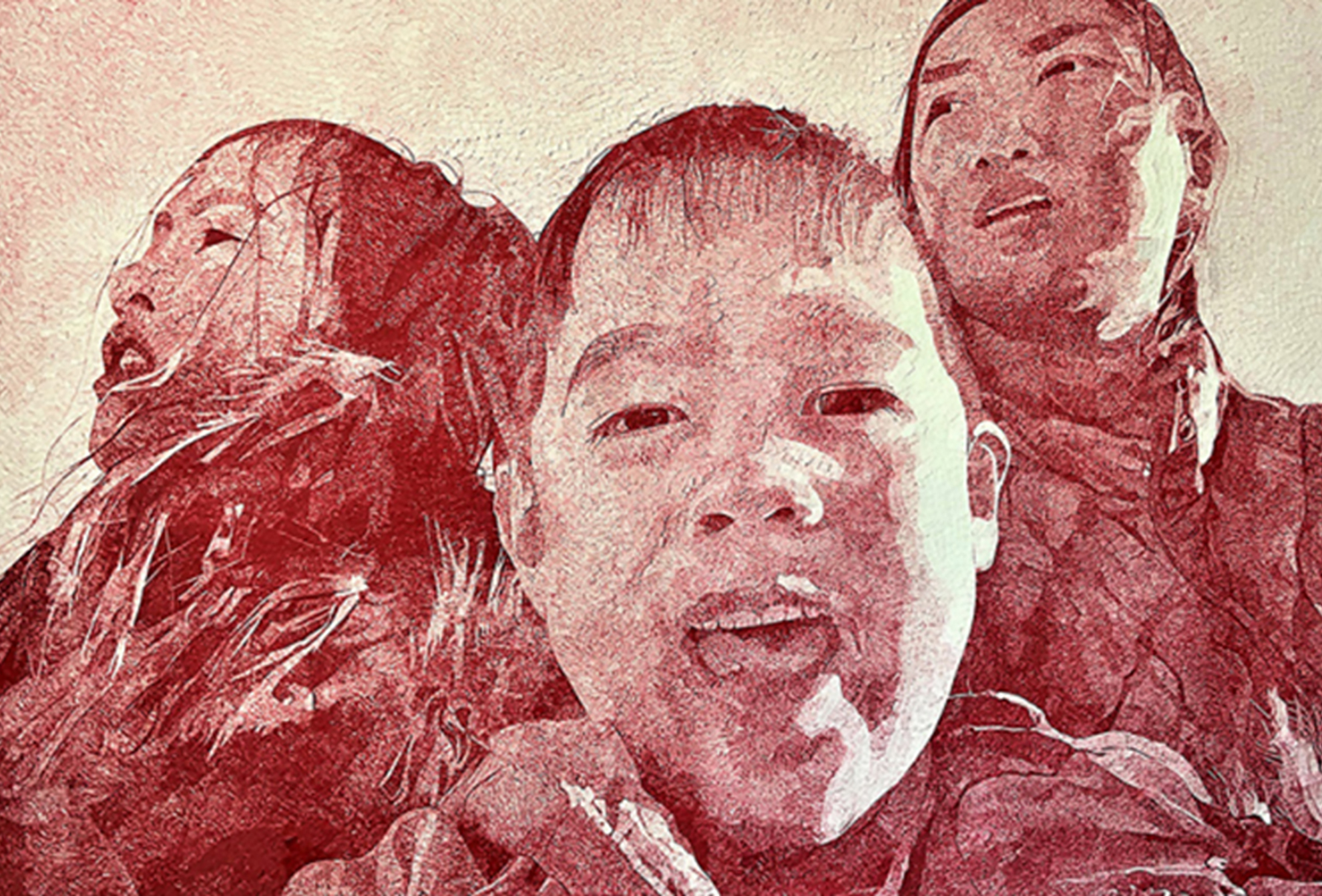 Caren King Choi (b. 1984). “Mt. Rushmore (Nieces & Nephew),” 2020. China marker, graphite, stickers on paper. 36 x 26 in.