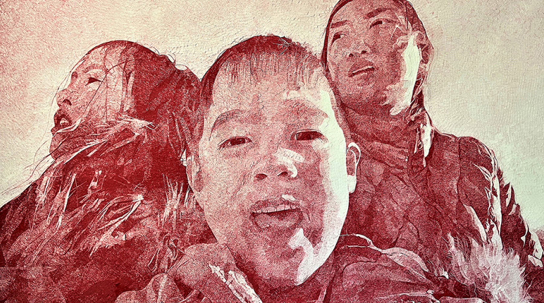 Caren King Choi (b. 1984). “Mt. Rushmore (Nieces & Nephew),” 2020. China marker, graphite, stickers on paper. 36 x 26 in.