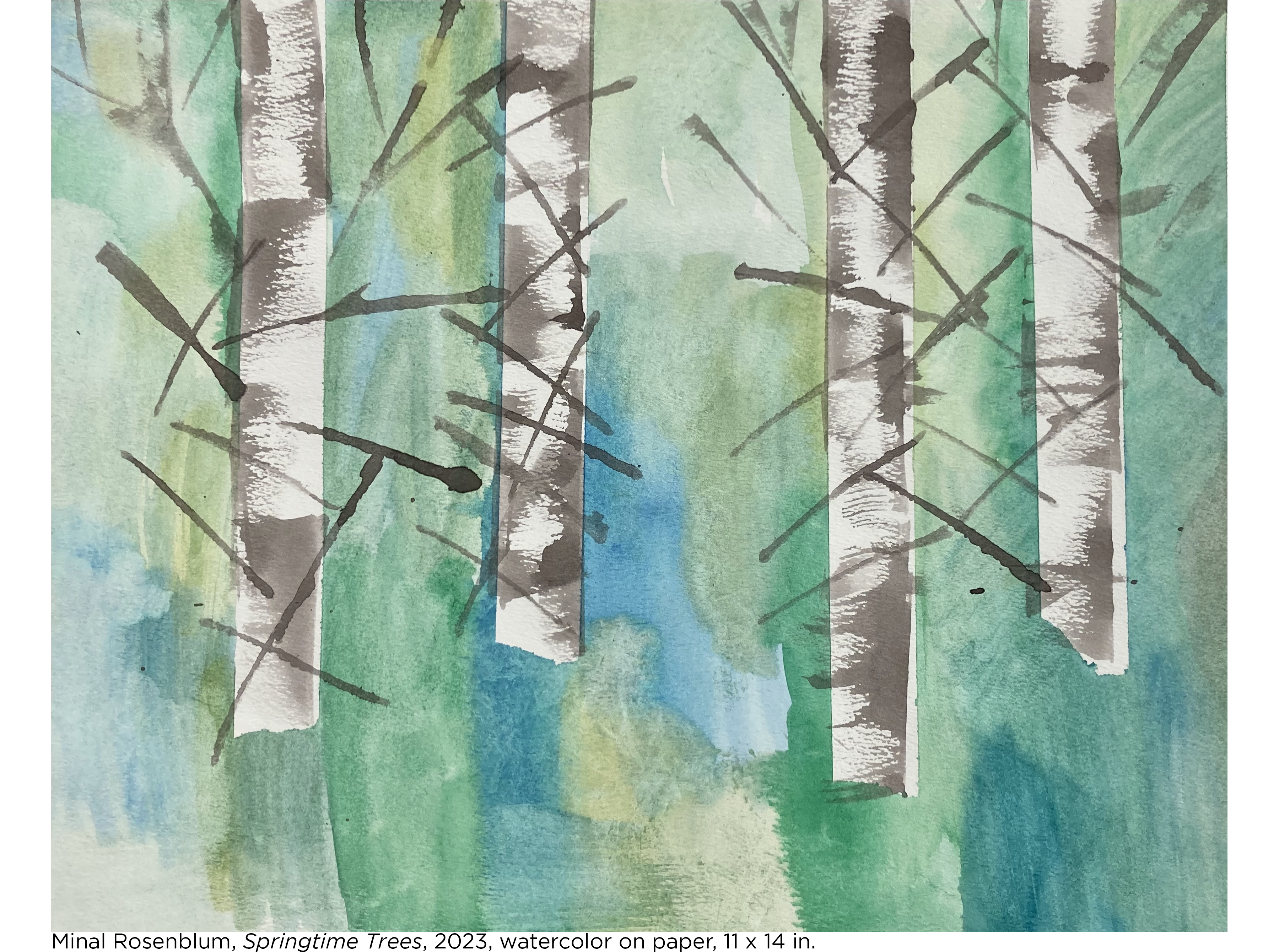 Water color work with blue and green abstract background with four birch trees across the length of the work. Artist: Minal Rosenblum. Title: "Springtime Trees."