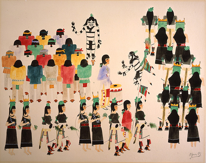 Abel Sanchez [Oqwa Pi] (San Ildefonso Pueblo, 1859–1942). Fiesta Dance Scene, ca. 1930–5.