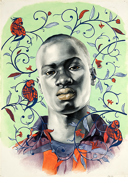 Kehinde Wiley (b. 1977). "Matar Mbaye (Study I)", 2007. Oil wash on paper. Sheet: 30 x 23 in. Museum purchase; Acquisition Fund, 2018.7.