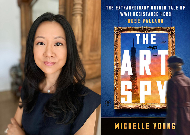 A woman with long dark hair poses next to the book cover of "The Art Spy" featuring a historical WWII theme and the Eiffel Tower.