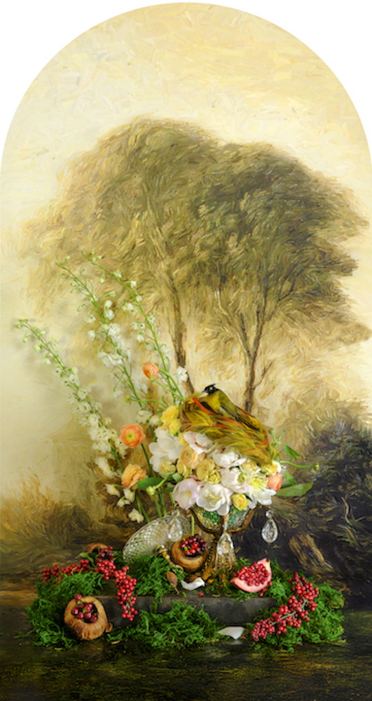 A vibrant floral arrangement with a yellow bird, set against a soft, painted landscape backdrop featuring trees and greenery.