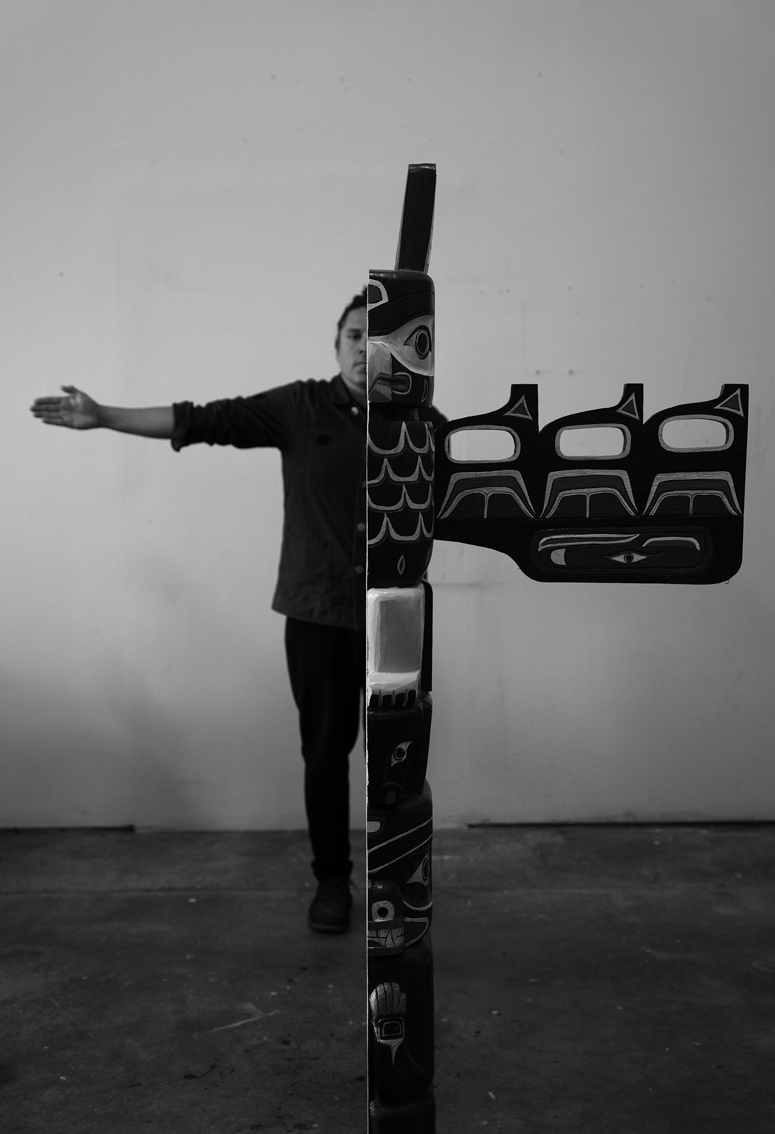 Nicholas Galanin (Tlingit/Unangax̂, b. 1979) Backdrop (portrait of the artist obscured), 2024 C-print. 86 x 59 in. Montclair Art Museum commission, Museum purchase, Acquisition Fund 2025.1