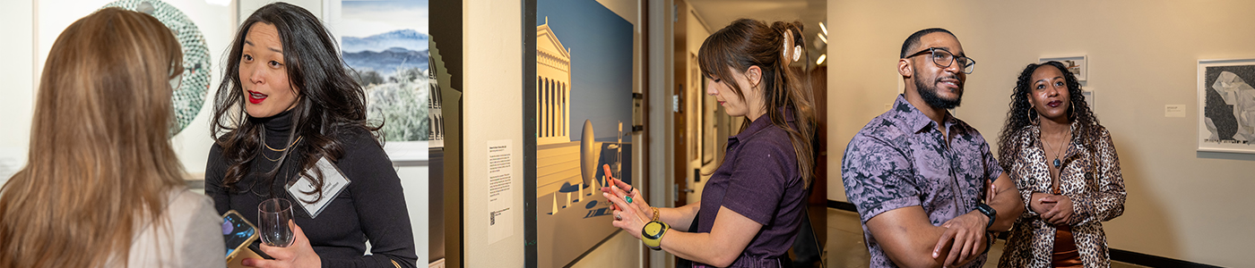 Two groups of people engage in conversation at an art exhibition, with artworks and informative displays in the background.