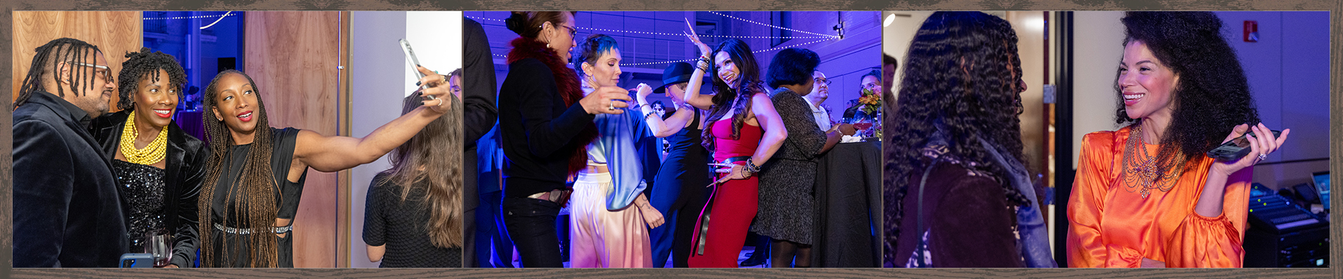 A lively social event with elegantly dressed guests chatting, enjoying drinks, and posing for photos against a vibrant backdrop.
