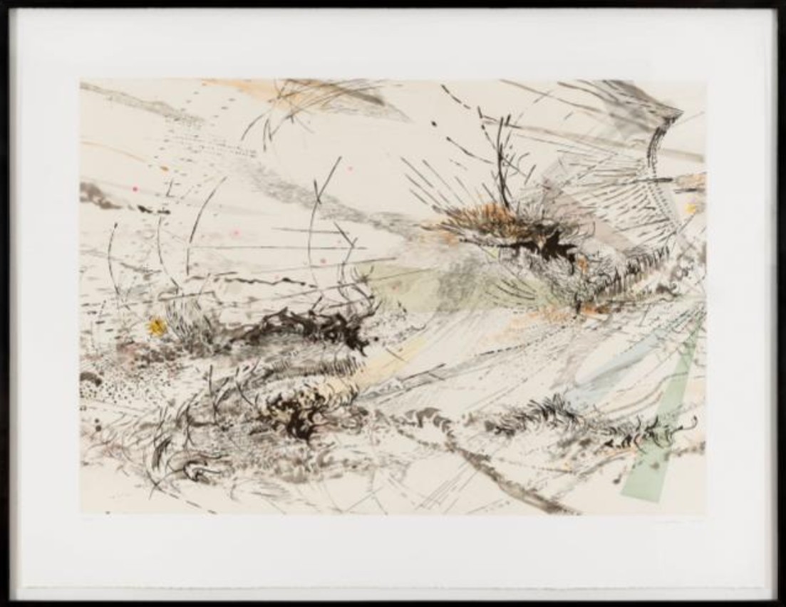 Julie Mehretu (b. 1970), Diffraction, 2005, Hard-ground etching with sugar-lift and spit-bite aquatint in colors on Gampi chine colle to wove support, 38 1/2 x 49 3/4 in. framed, Museum purchase; Acquisition Fund, 2021.17