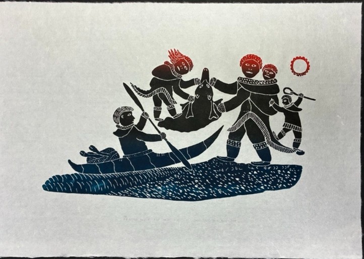 Lucassie Tukalak, (Inuit [Puvirnituq], 1917 – 2003) Caribou Hunting by Kayak, 1983 Stonecut on paper Approx. 18 x 24 in. Ed. 41/50 Gift of Doctors Robert and Joan Rothberg, 2025.18.3