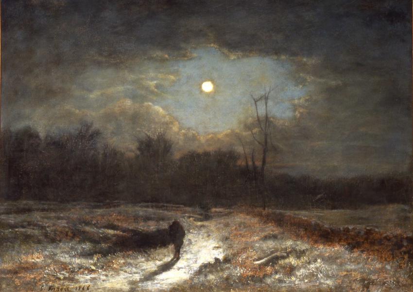 an oil painting of a bright moon showing through a break in the clouds at night.