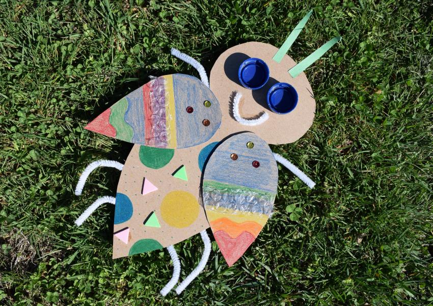recycled materials bug project sitting on the grass