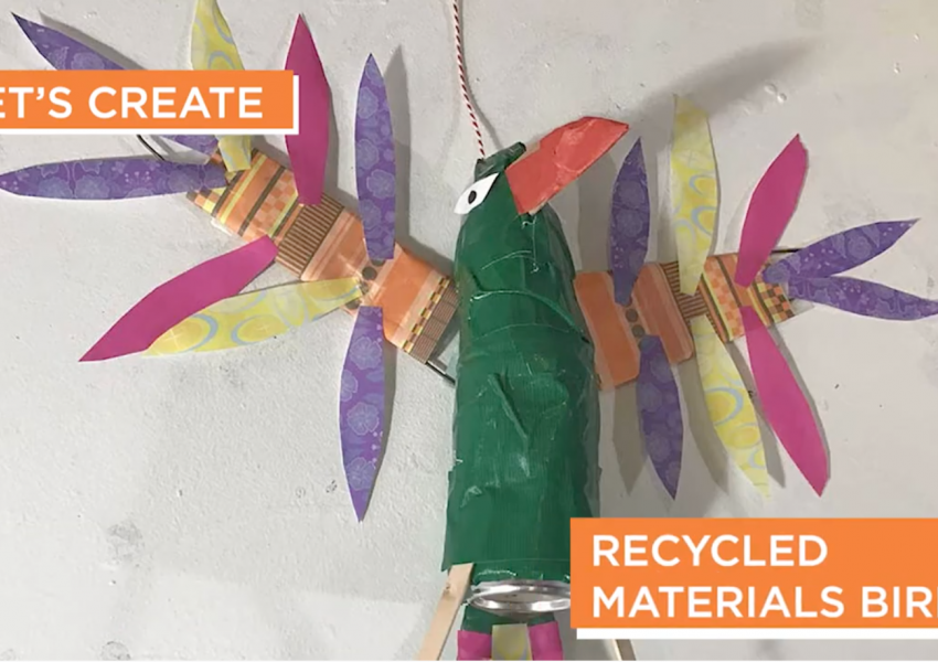 a finished example of the recycled material bird in Dan fenelon's cyber studio art activity