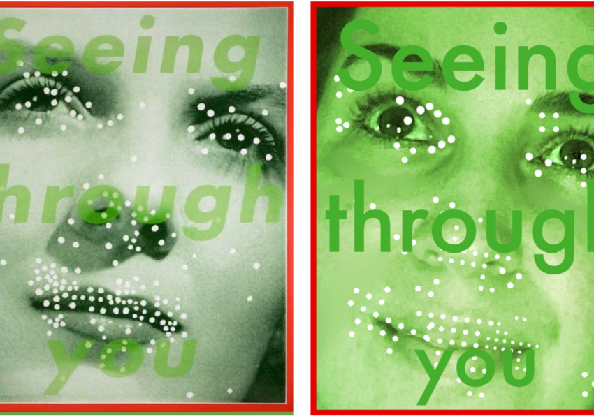 two images next to each other: Barbara Kruger's Seeing Through you on the left and a recreation for the "Between Art And Quarantine challenge" on the right