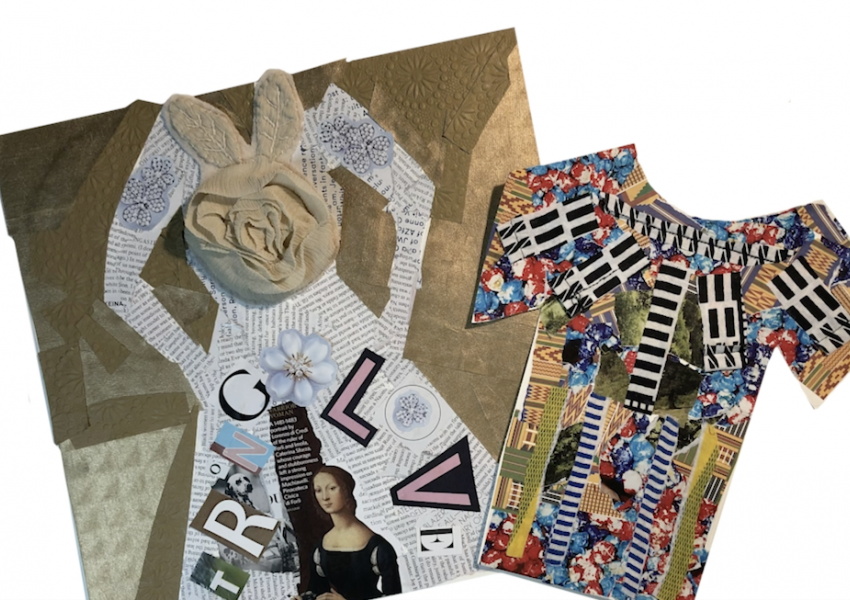 A screen shot from the cyber studio video that shows the finished dress and shirt collage examples.
