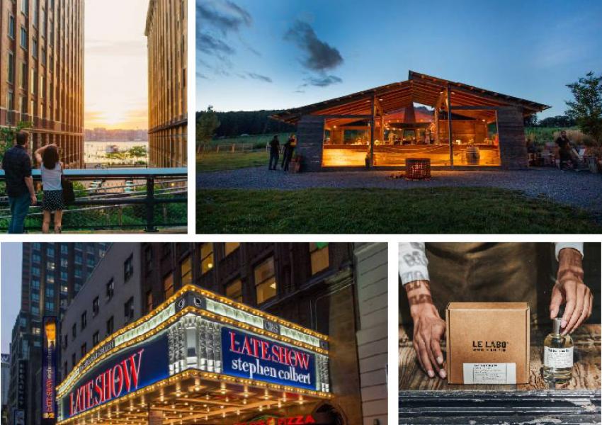 Collage of the high line, a barn, the stephen colbert show facade, and a Le Labo box. 