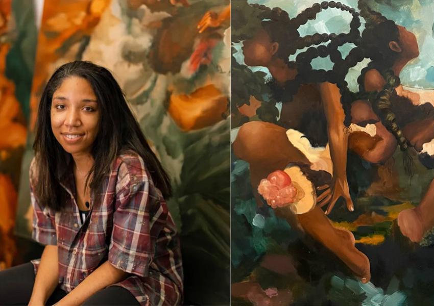 Portrait of Debra Cartwright in her studio by Elizabeth van Stubendorff (left) and her oil on canvas painting "Conspicuous Ensemble" (right).