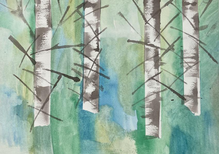 Water color work with blue and green abstract background with four birch trees across the length of the work. Artist: Minal Rosenblum. Title" "Birch Trees."