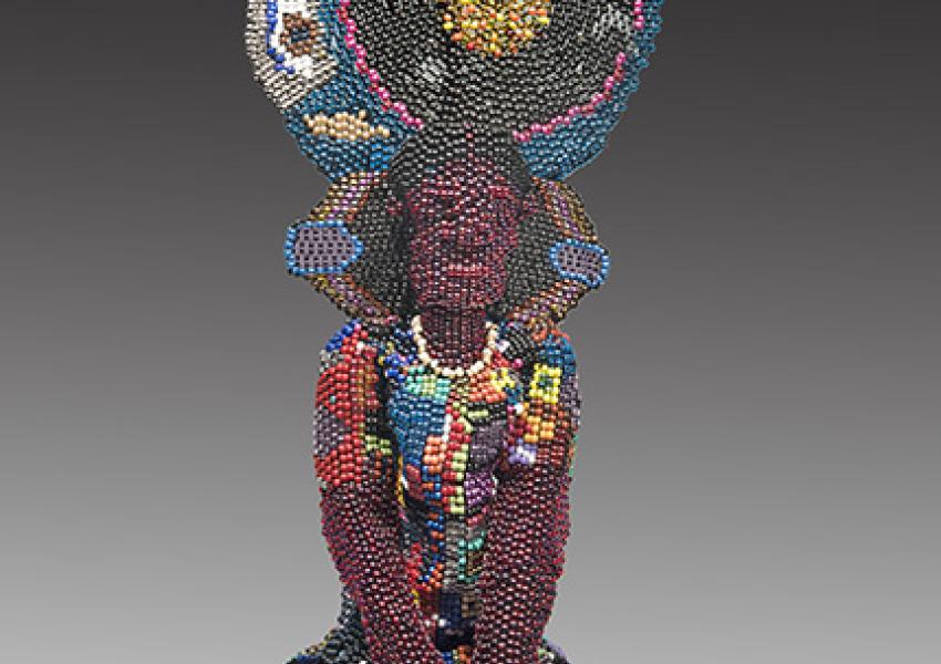 Scott, Joyce J. (b. 1948) Harriet Tubman as Buddha, 2017 Plastic and glass beads, metal, thread, yarn and rocks 40 x 25 x 15 in. Museum purchase; Acquisition Fund 2018.15.