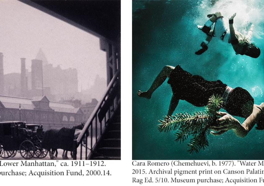 Karl Struss (1886–1981). "Lower Manhattan," ca. 1911–1912. Platinum print. Museum purchase; Acquisition Fund, 2000.14. & Cara Romero (Chemehuevi, b. 1977). "Water Memory," 2015. Archival pigment print on Canson Palatine Fiber Rag Ed. 5/10. Museum purchase; Acquisition Fund, 2019.1.1.