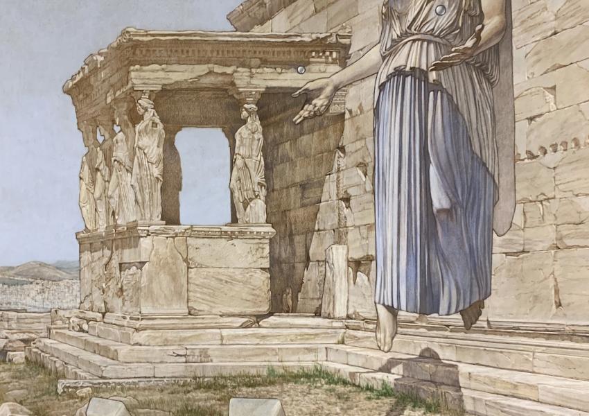 A grand statue draped in a flowing gown floats above ancient ruins, with a backdrop of a blue sky and a small moon.