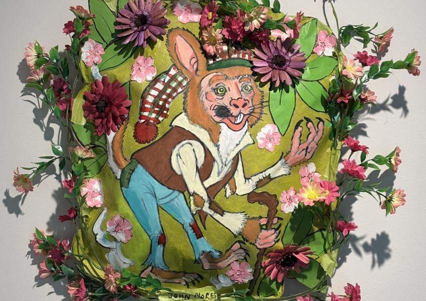 The Elf: Half Human/Half Animal by John Morey, 2025, Acrylic on paper with artificial flowers.