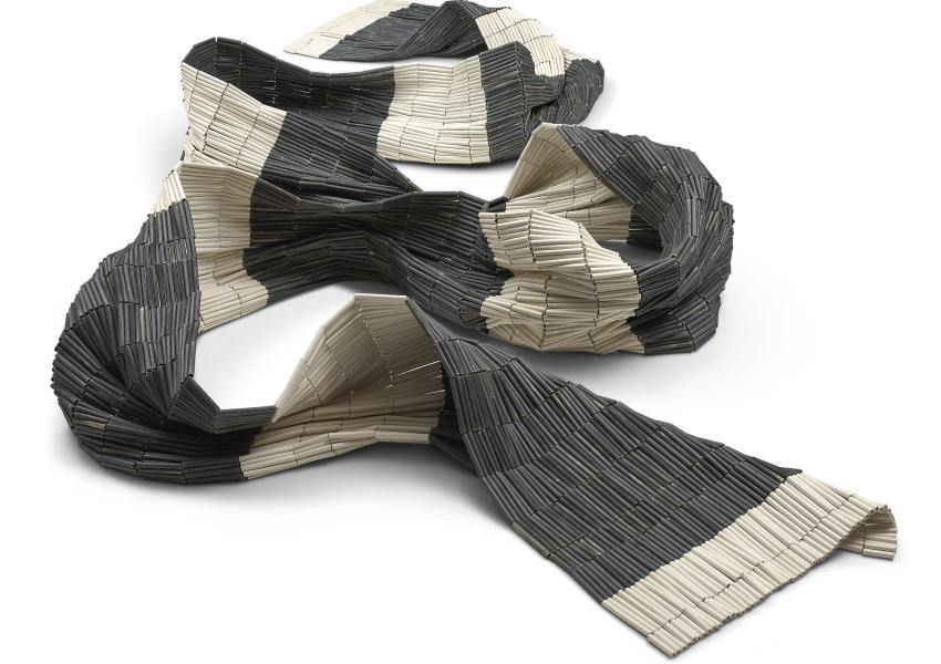 Nadia Myre (Algonquin, Kitigan Zibi Anishinabeg First Nation, b. 1974). Untitled (study for country where beavers, deers, elks and such beasts keep), 2019. Ceramic, nylon-coated stainless steel wire. 83 7/8 x 20 in. (213 x 51 cm). McMichael Canadian Art Collection, Purchase, BMO Financial Group, 2020. Photo: Courtesy of McMichael Canadian Art Collection. © 2026 Nadia Myre / Artists Rights Society (ARS), New York / COVA-DAAV, Ottawa